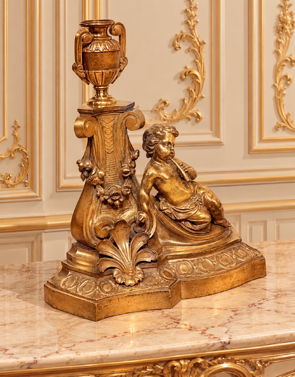 Paire de chenets en bronze doré à décor de putti musiciens – Style Louis XV – XIXᵉ siècle-photo-2