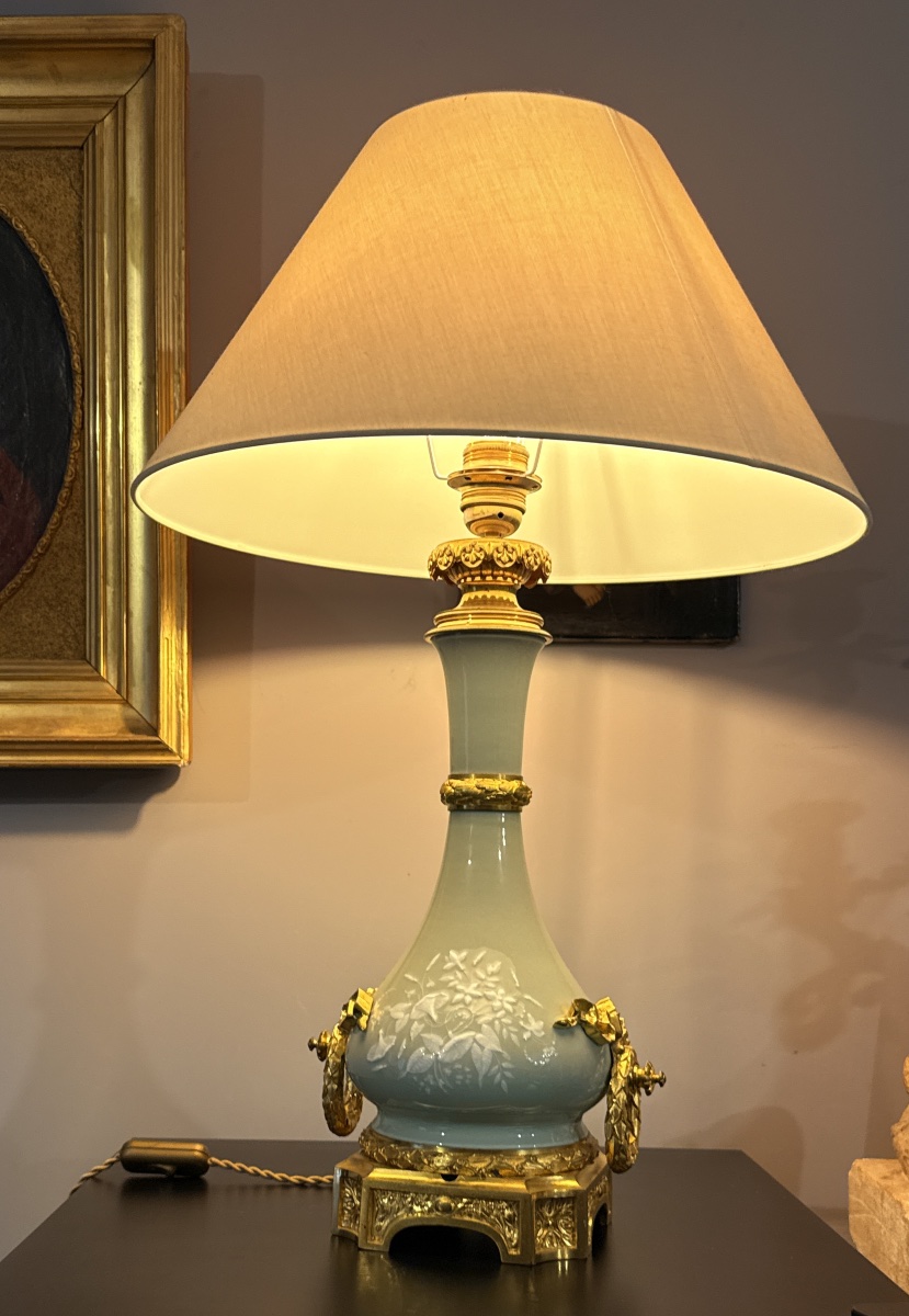 Lampe Louis XVI en Porcelaine Céladon et Bronze doré , Époque XIXe Siècle -photo-2