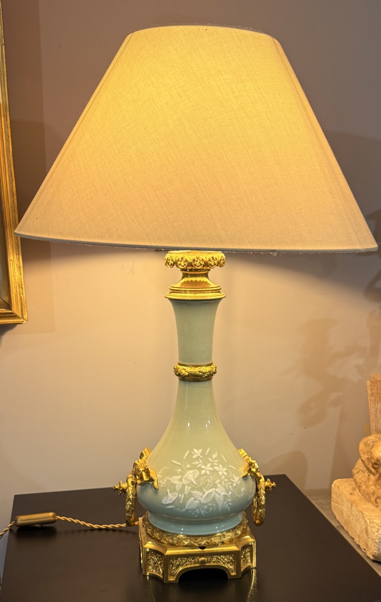 Lampe Louis XVI en Porcelaine Céladon et Bronze doré , Époque XIXe Siècle -photo-8