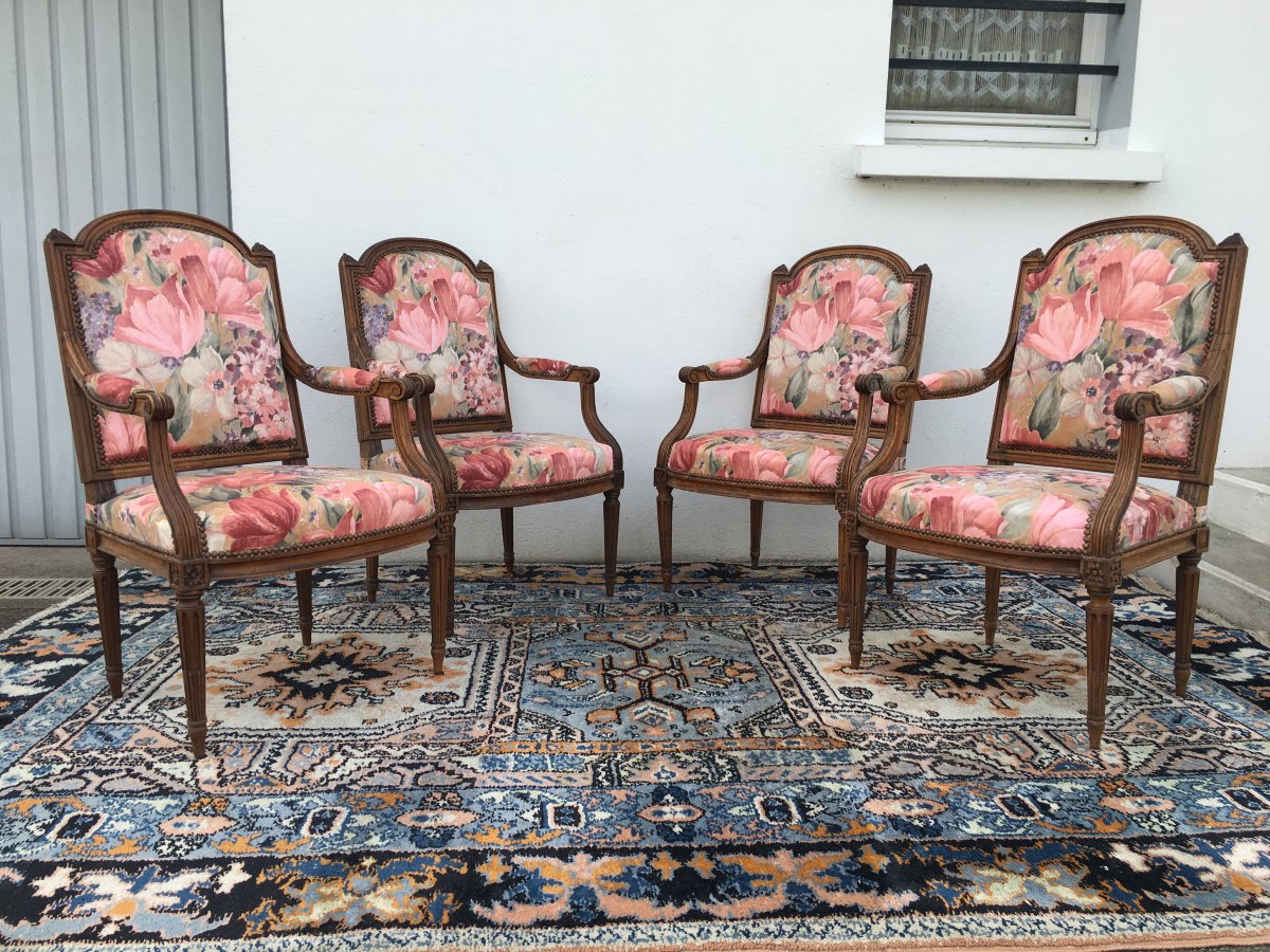 Series Of 4 Louis XVI Armchairs, Flat Back Said To The Queen, XVIIIth Century Period-photo-4