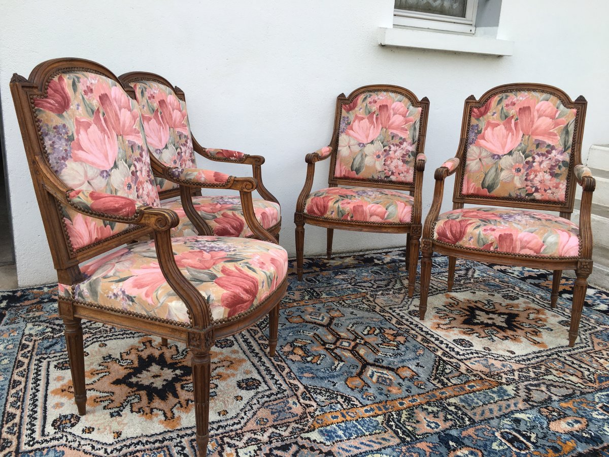 Series Of 4 Louis XVI Armchairs, Flat Back Said To The Queen, XVIIIth Century Period-photo-8