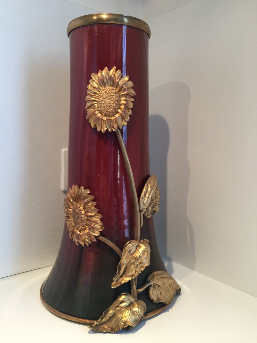 Earthenware Vase With Sunflowers, Art Nouveau-photo-2