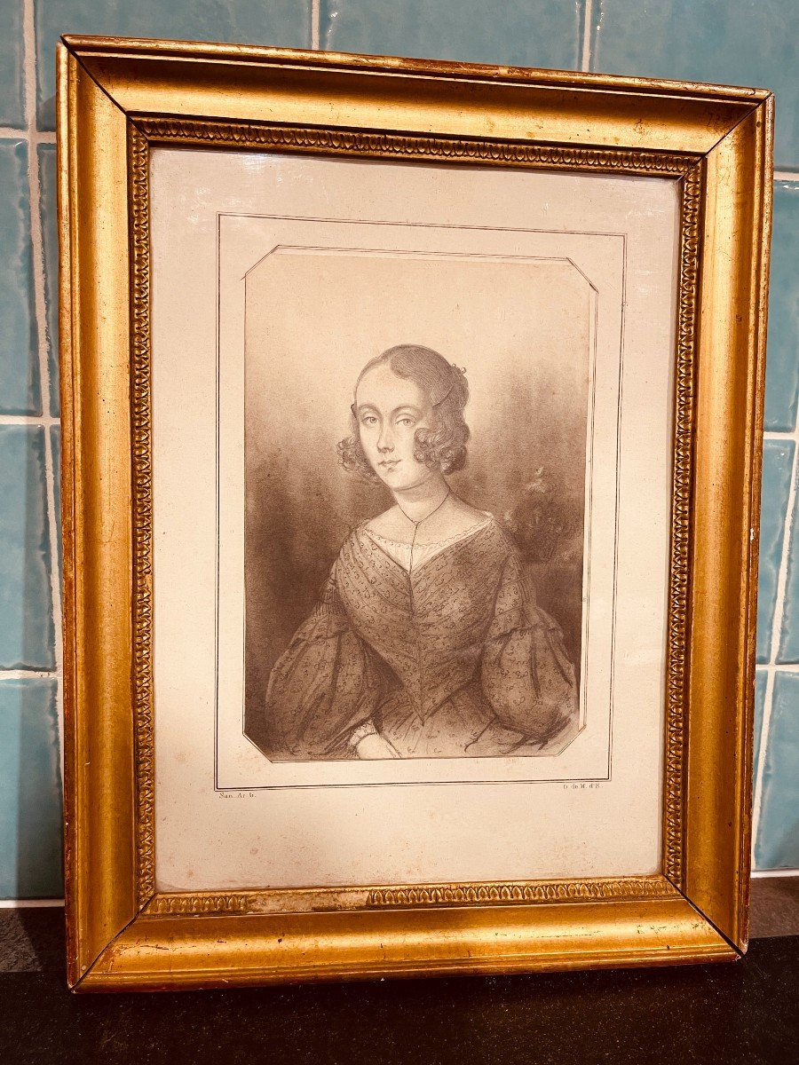 Signed Drawing Of A Portrait Of A Woman In A Golden Wood Frame-photo-2