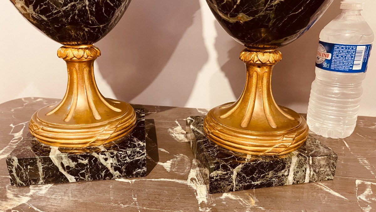 Paire De Cassolettes En Marbre Et Bronzes Dorés , 53 Cm -photo-4
