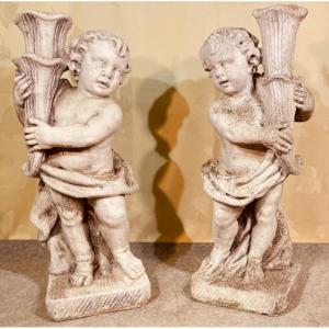 Pair Of Puttis In Reconstituted Stone H: 80 Cm