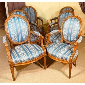 Series Of 6 Louis XVI Armchairs, Stamped, 18th Century