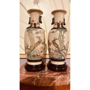 Pair Of Signed Chinese Enameled Ceramic Vases