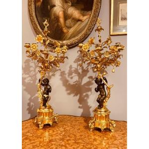 Pair Of Candelabra With Putti Harvesters, 19th, 76 Cm 