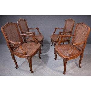 Set Of 4 Louis XV Armchairs Stamped Cannest, 18th Century 
