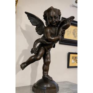 Bronze Of A Putti Holding A Dauphin , H ; 75 Cm'