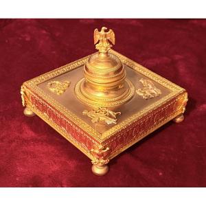 Empire Inkwell With The Imperial Eagle, In Gilded Bronze, 19th Century