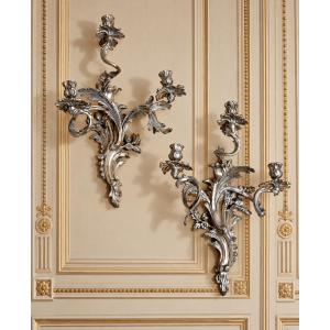 Pair Of Louis XV Wall Sconces In Silver-plated Bronze, 19th Century