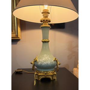 Louis XVI Lamp In Celadon Porcelain And Gilded Bronze, 19th Century