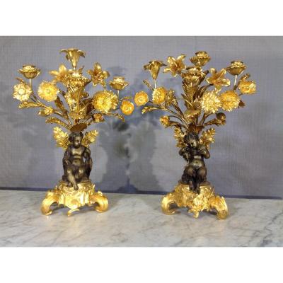 Pair Of Candelabras With Puttis, Height 46 Cm, XIXth Century