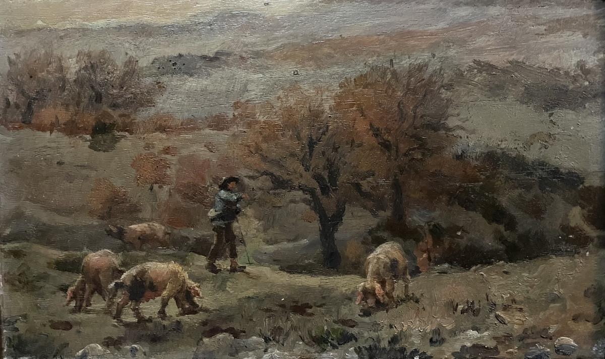 Small 19th-century Painting Depicting A Peasant Walking His Pigs-photo-2