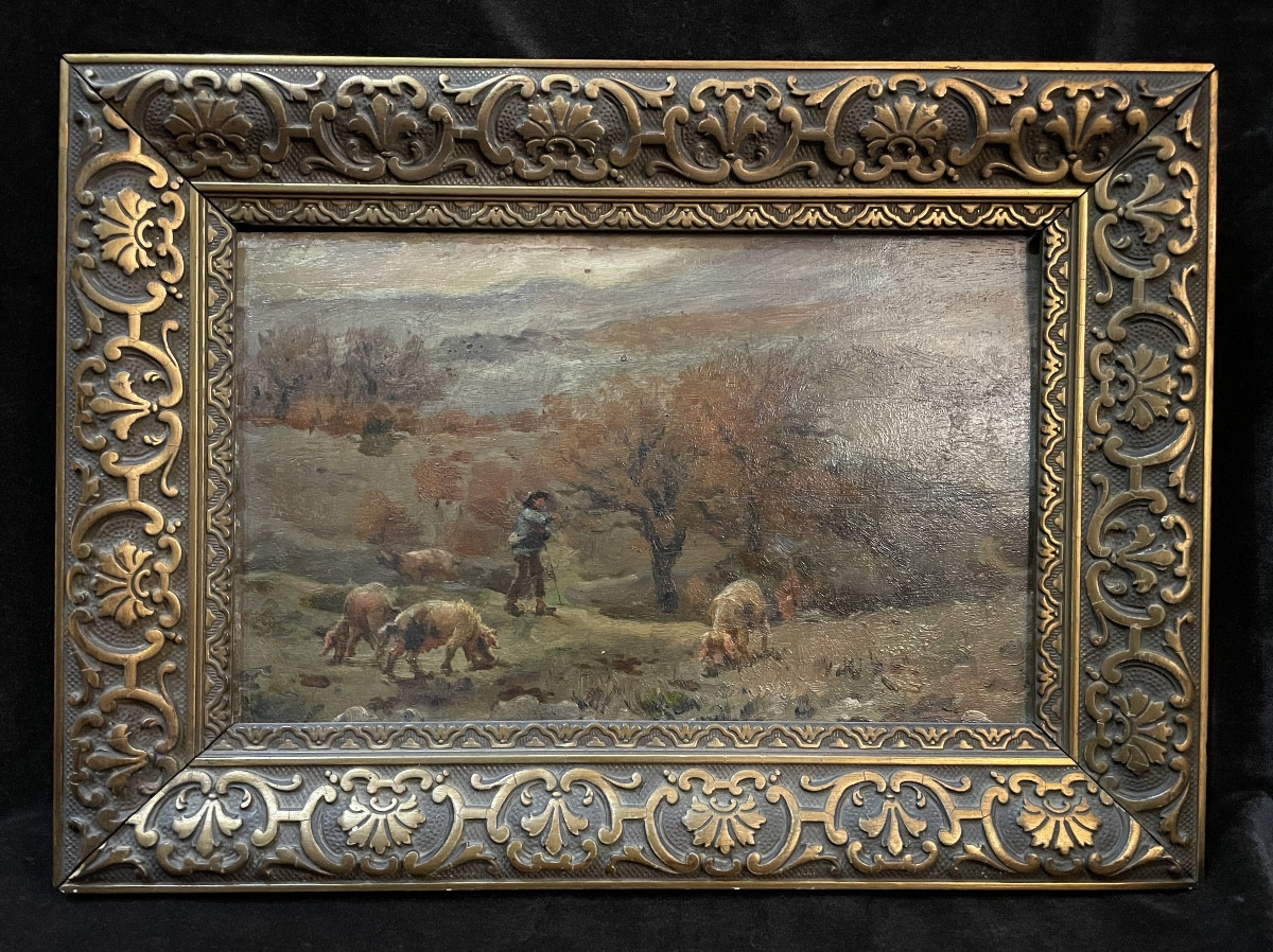 Small 19th-century Painting Depicting A Peasant Walking His Pigs