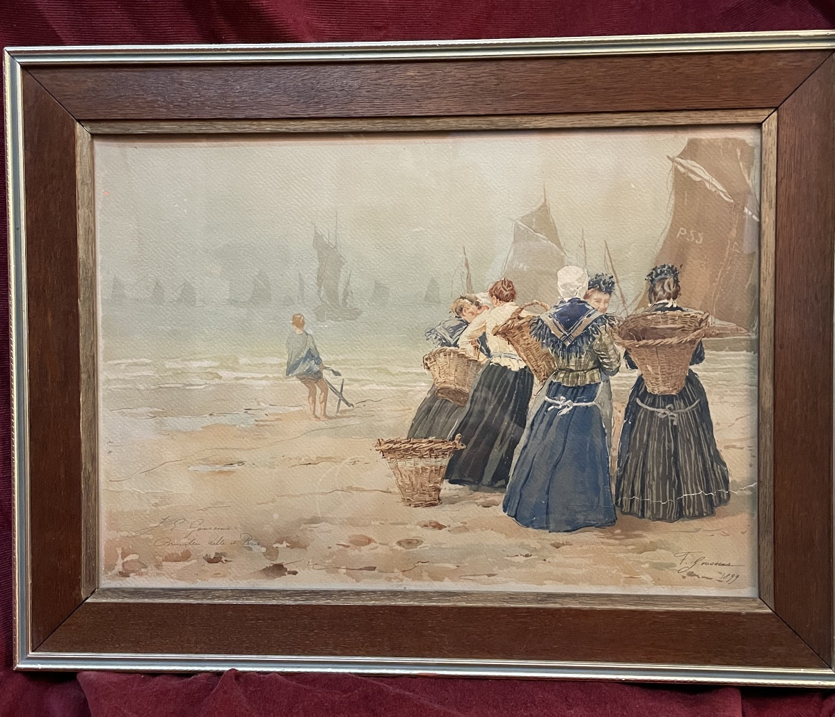 Aquarelle "Le retour des pêcheurs" par F. Goossens