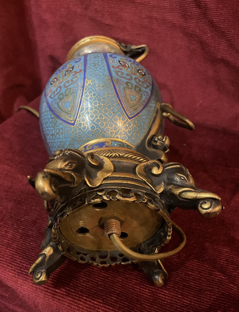 Barbedienne Lamp With Elephants, Bronze And Cloisonné Enamels-photo-4