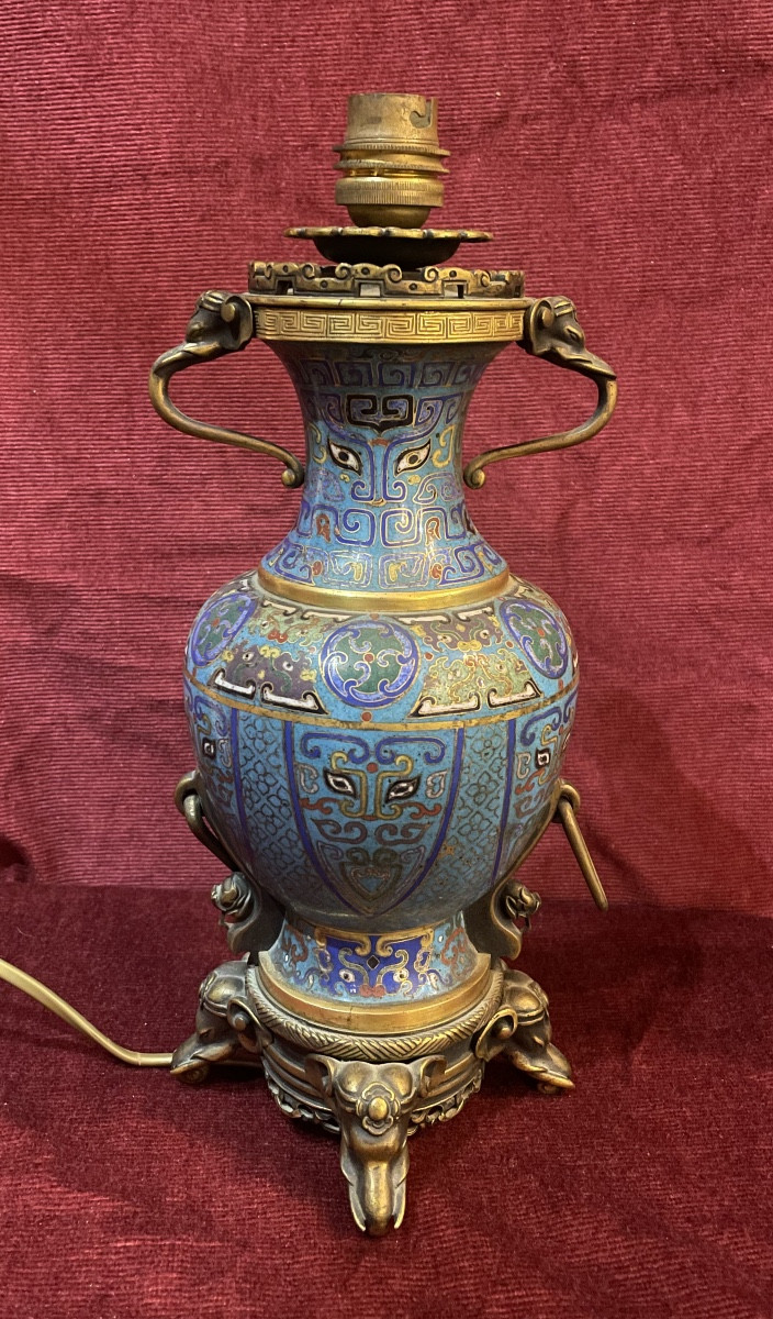 Barbedienne Lamp With Elephants, Bronze And Cloisonné Enamels