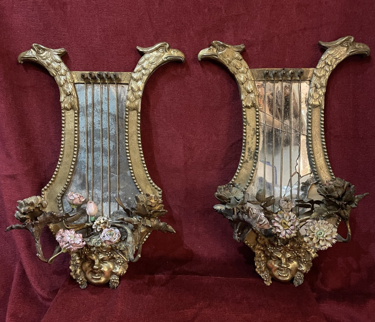 Pair Of Bronze Bacchus Head Wall Sconces, 19th Century 