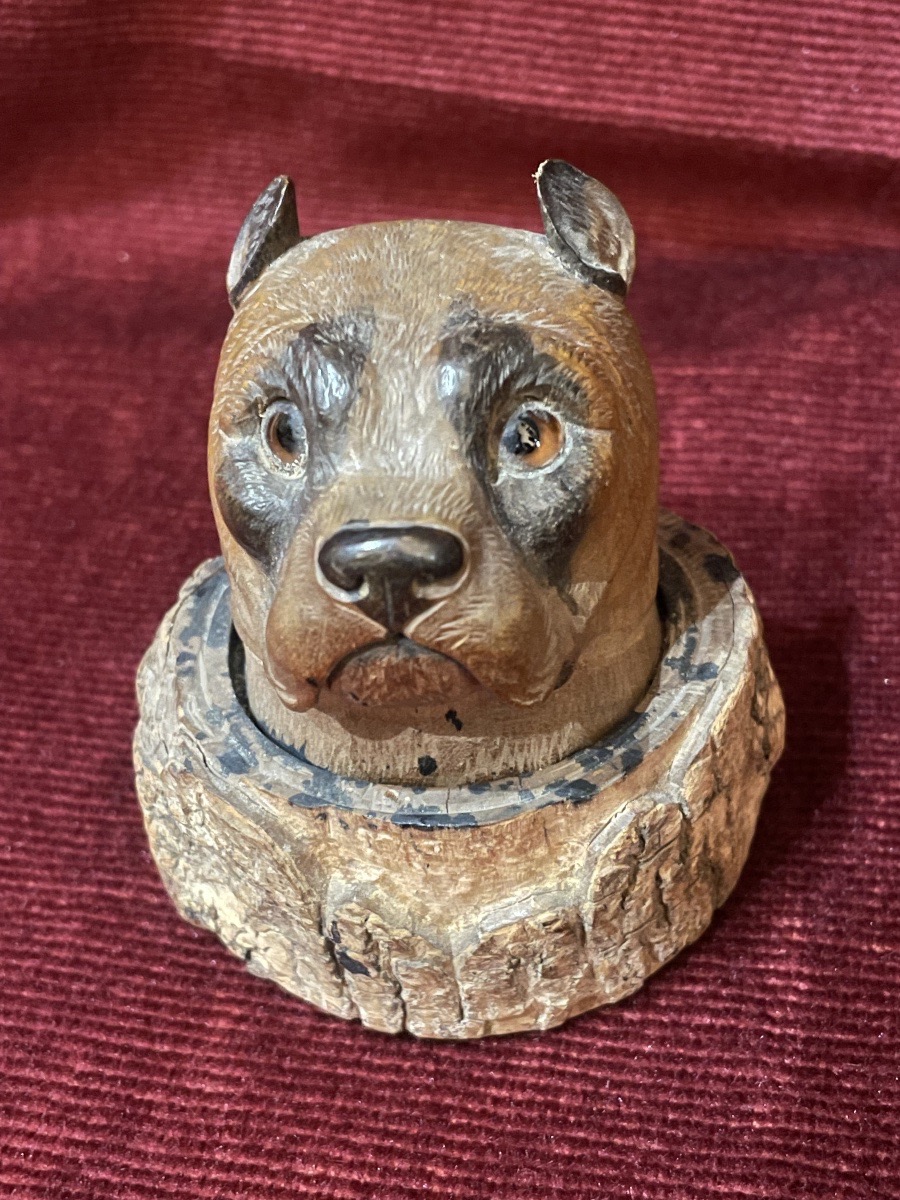Small Wooden Inkwell Shaped Like A Bulldog's Head