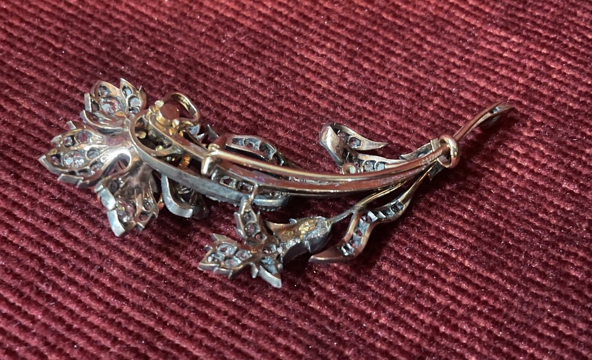 Napoleon III-style Flower Brooch In Gold, Silver, And Diamonds -photo-3