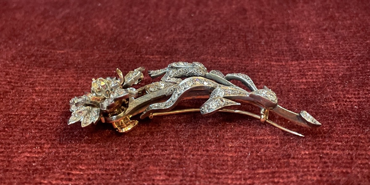 Napoleon III-style Flower Brooch In Gold, Silver, And Diamonds -photo-3