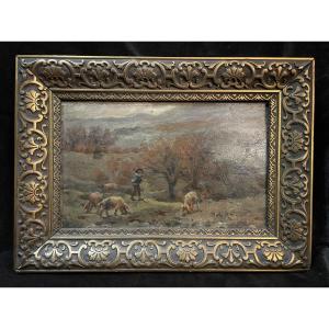 Petit tableau 19 ème représentant un paysan promenant ses cochons