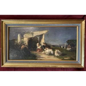 19th Century Breton School "meeting Under The Dolmen " By H. Girardet