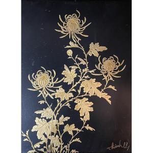 "Chrysanthèmes", petit panneau en laque par Thanh Ley