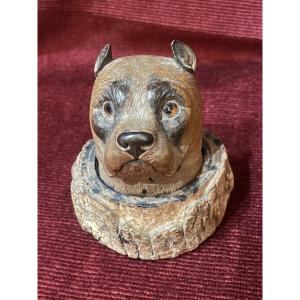 Petit encrier en bois à tête de bouledogue