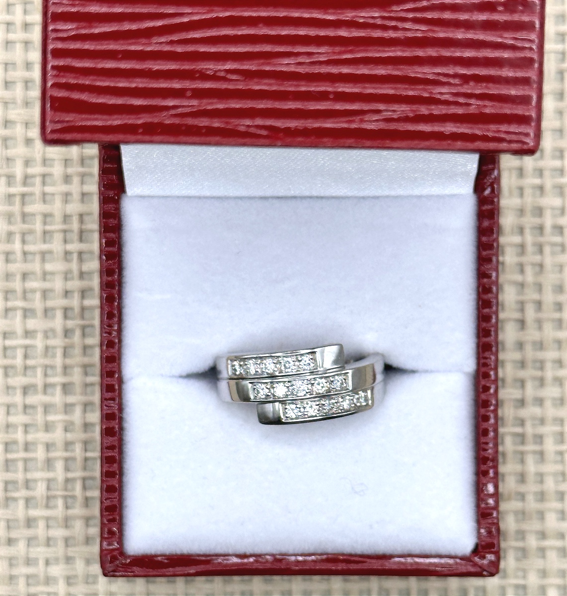 White Gold Ring Set With Three Lines Of Diamonds
