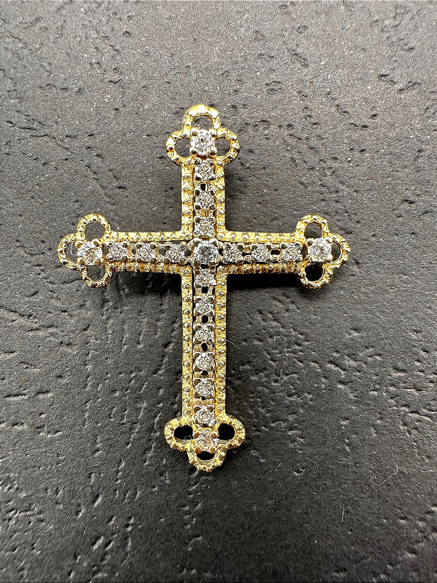 Yellow Gold Cross Pendant With A White Stone