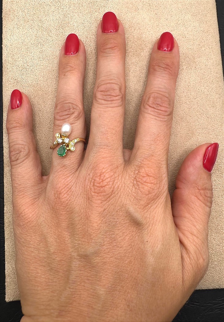 Emerald, Diamond, And Freshwater Pearl Ring-photo-4