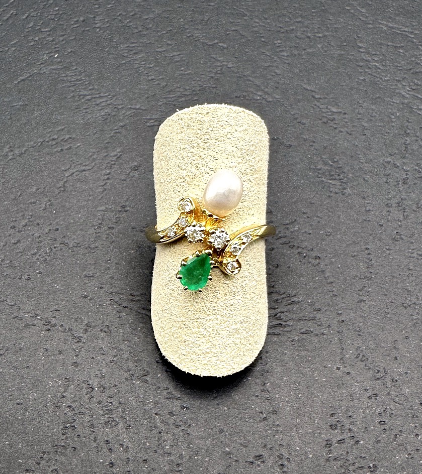 Emerald, Diamond, And Freshwater Pearl Ring