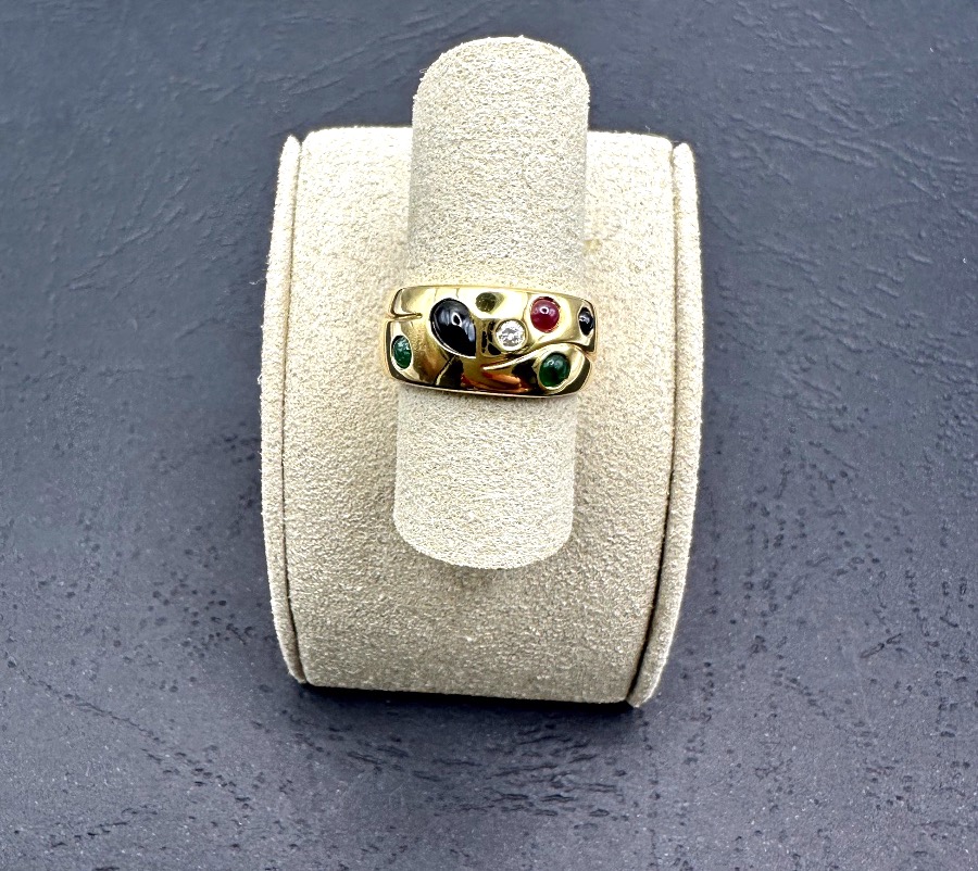 Yellow Gold Bangle Ring Set With Emeralds, Rubies, Diamonds, And Sapphires