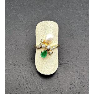 Emerald, Diamond, And Freshwater Pearl Ring