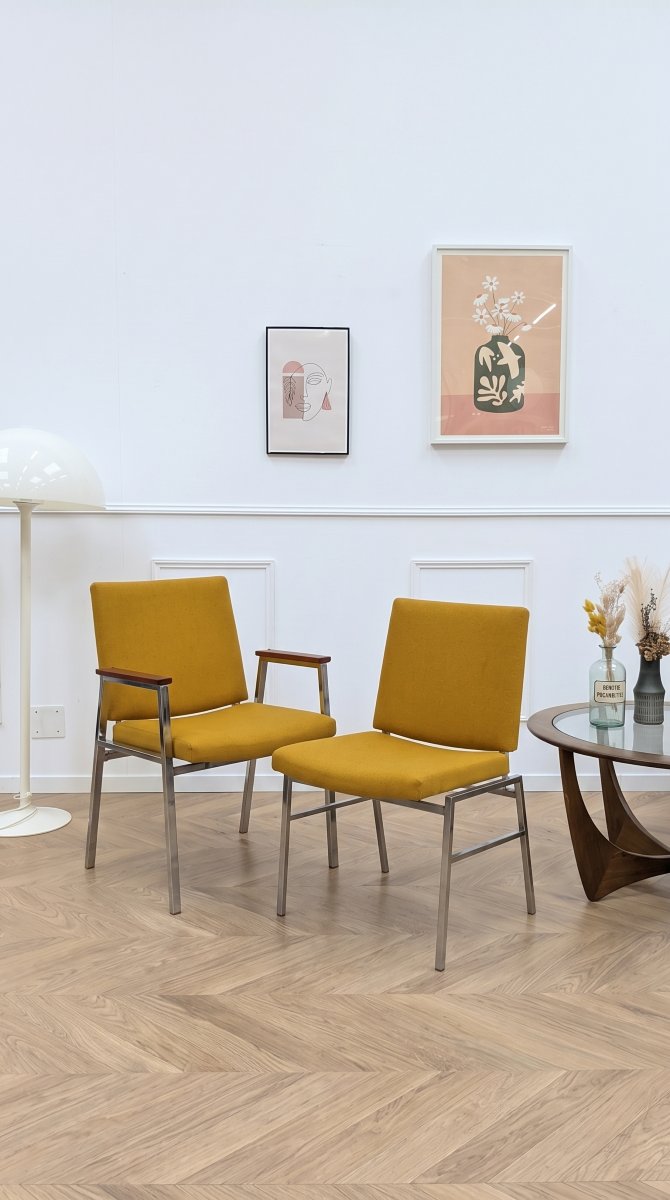 Chaises et fauteuils de table vintage jaunes, design mid-century circa 1970
