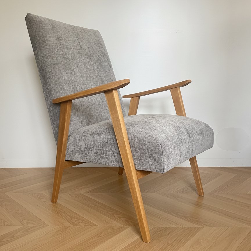 Vintage Armchair Reupholstered In Light Gray