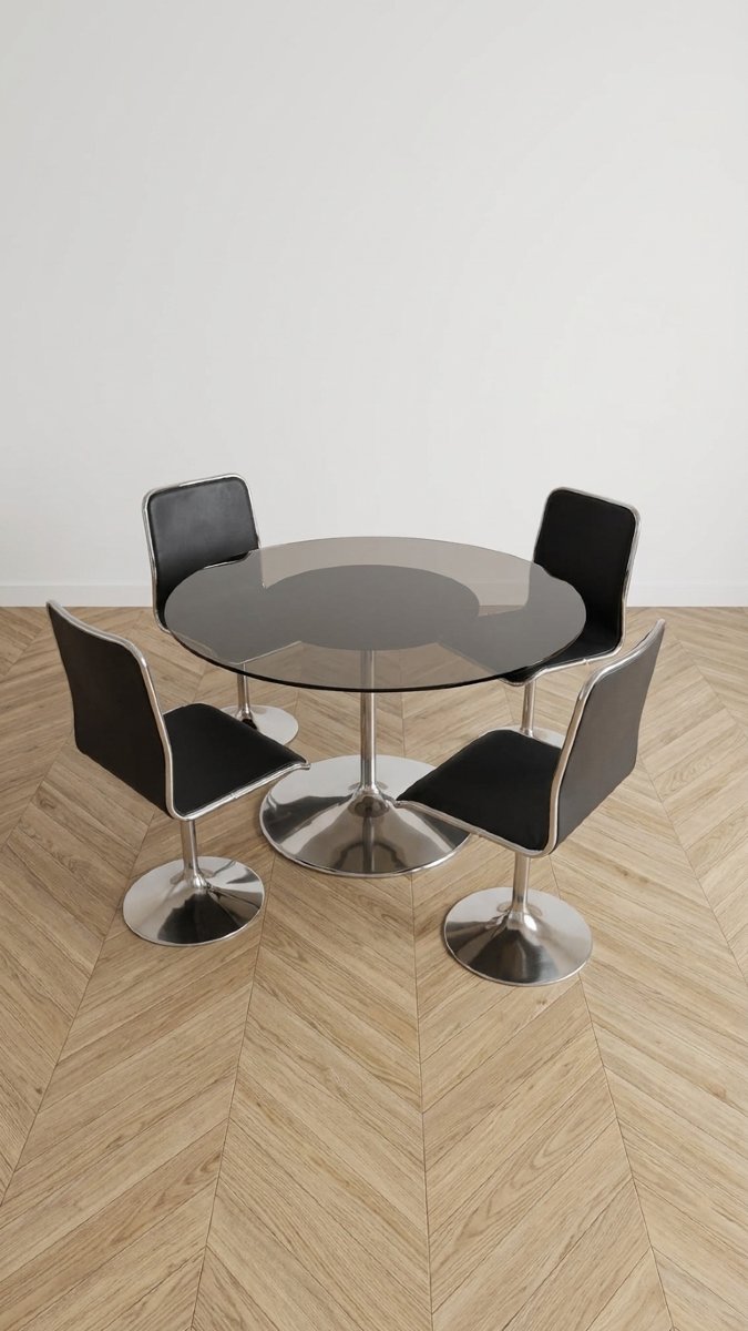 Table de salle à manger et 4 chaises pieds tulipe – Tacke Möbel – Années 70