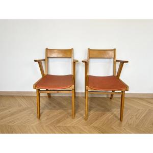 Pair Of Vintage Red Vinyl Bridge Armchairs