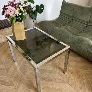 Vintage Coffee Table In Chrome Metal And Smoked Glass 70s