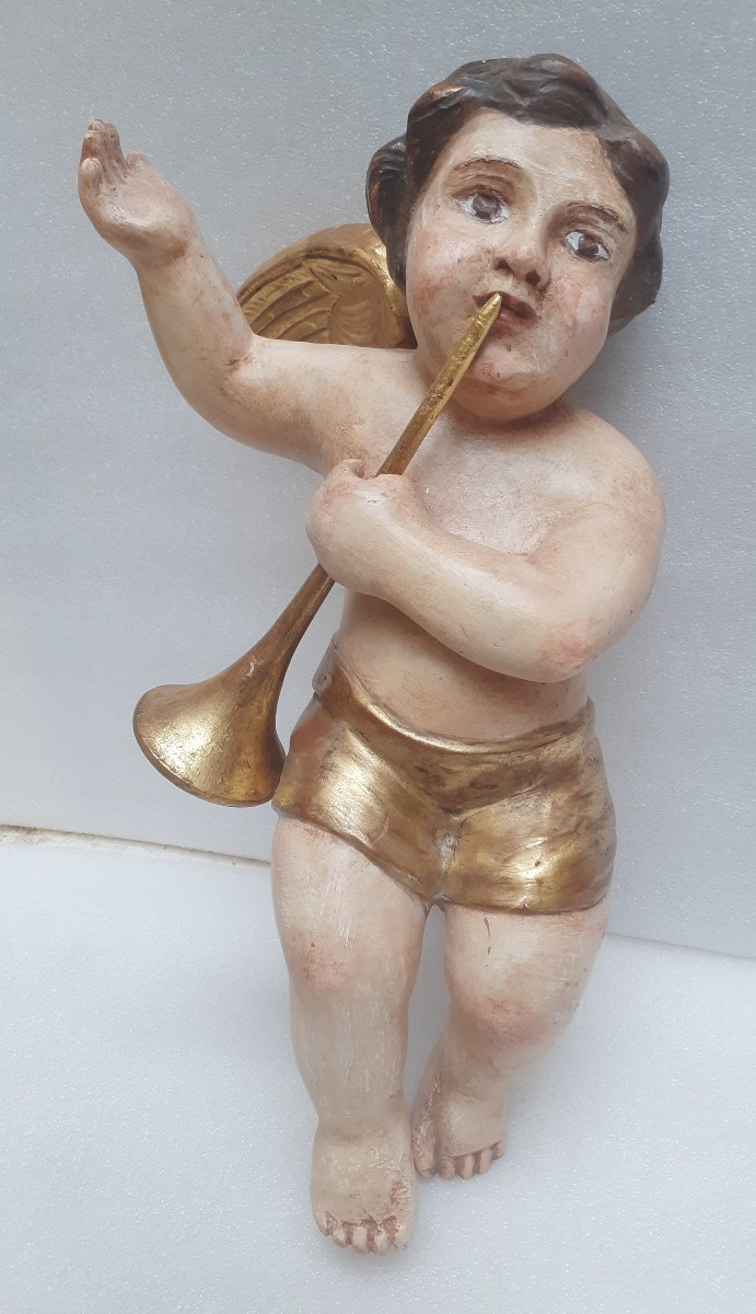 Two Angel Musicians In Painted And Gilded Carved Wood 18th Century-photo-2