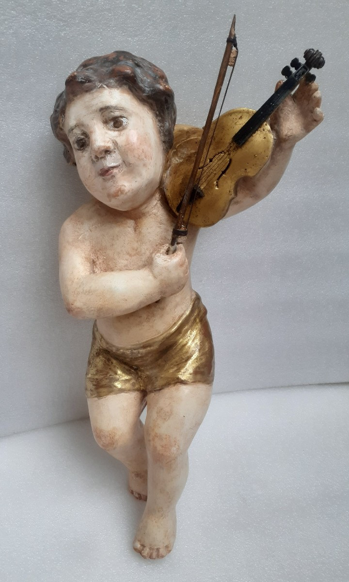 Two Angel Musicians In Painted And Gilded Carved Wood 18th Century-photo-3