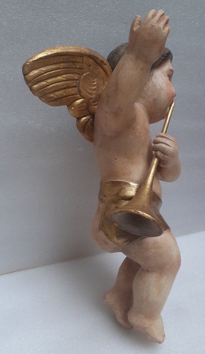 Two Angel Musicians In Painted And Gilded Carved Wood 18th Century-photo-1