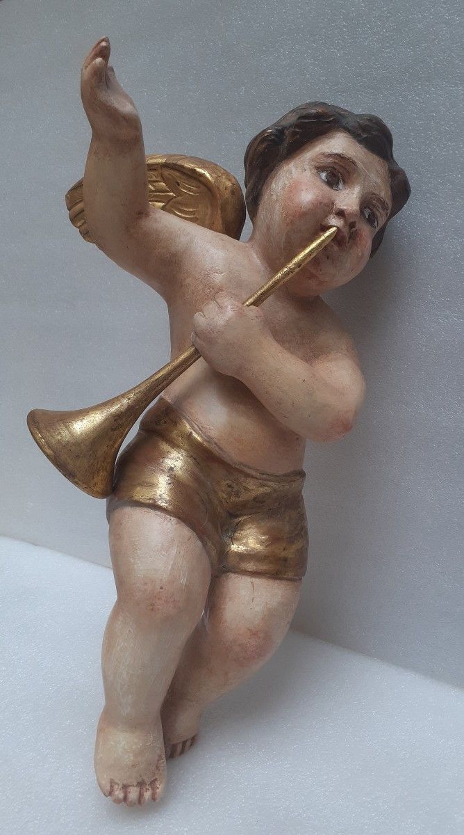 Two Angel Musicians In Painted And Gilded Carved Wood 18th Century-photo-2