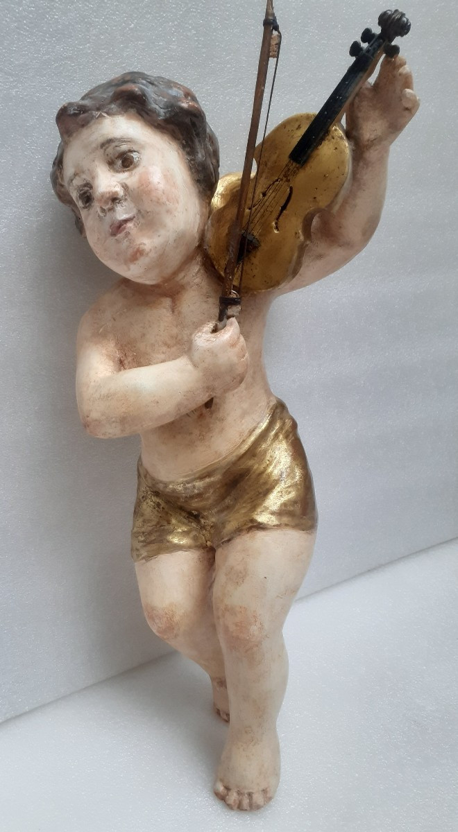 Two Angel Musicians In Painted And Gilded Carved Wood 18th Century-photo-3