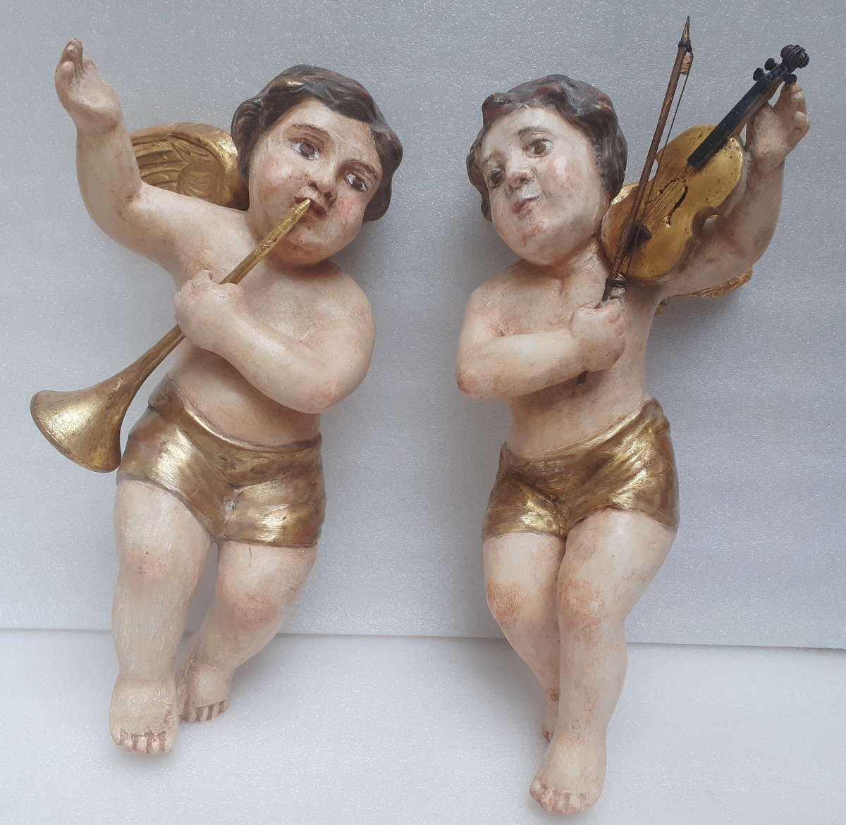Two Angel Musicians In Painted And Gilded Carved Wood 18th Century