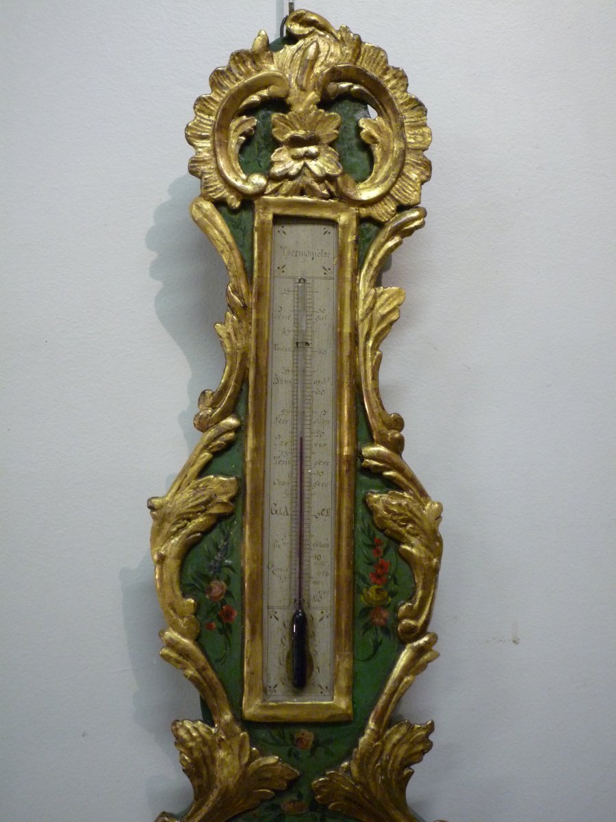 Baromètre Louis XV en bois doré et peint à décor de fleurs.-photo-2