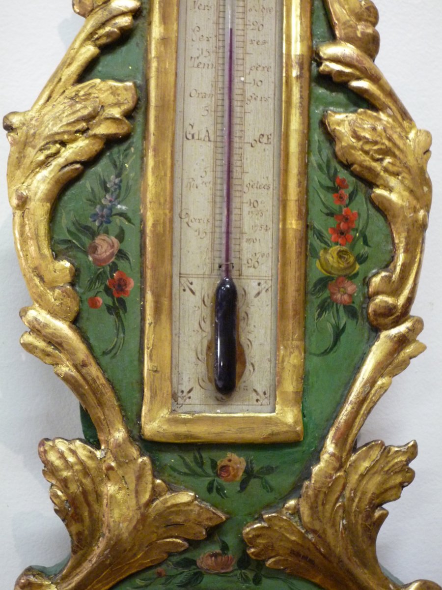 Baromètre Louis XV en bois doré et peint à décor de fleurs.-photo-3